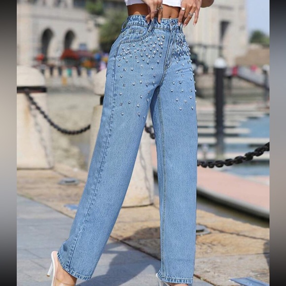 Medium wash Rhinestone & studs Straight Leg denim high waisted embellished Jeans - Picture 3 of 4